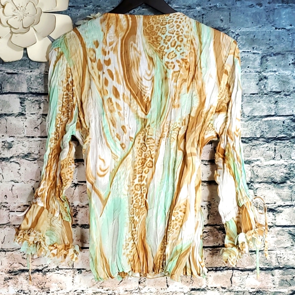 Violin | Gypsy Boho Prairiecore Abstract Print Crinkle Texture Faux Wrap Top - Picture 8 of 10